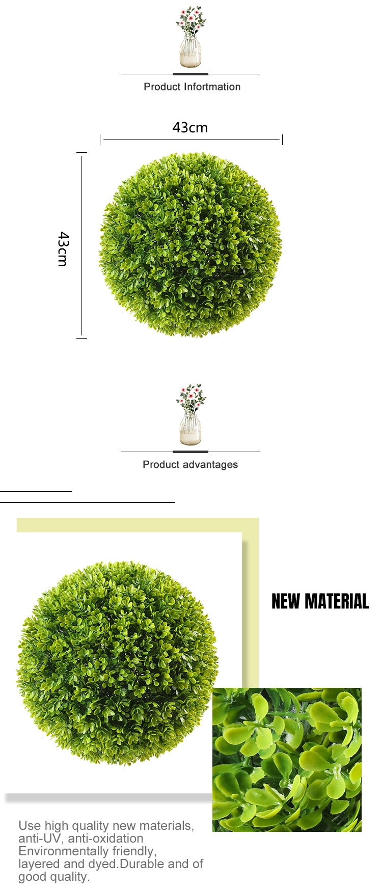 High quality 32 cm vertical artificial green plant ball for outdoor garden decoration